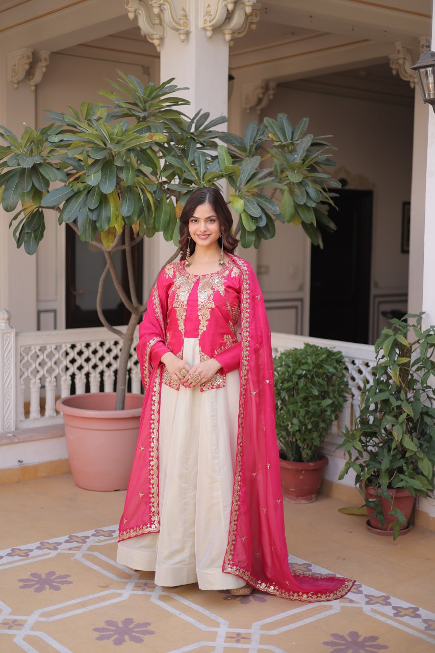 Premium Glass Roman & Cosmos Gown with Dupatta for Women – Festive Dress