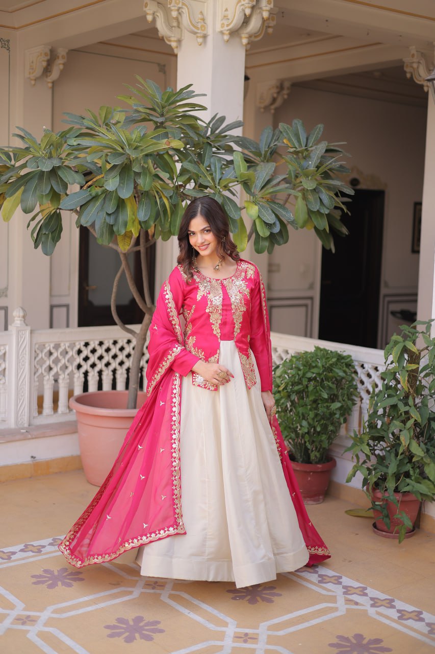 Premium Glass Roman & Cosmos Gown with Dupatta for Women – Festive Dress