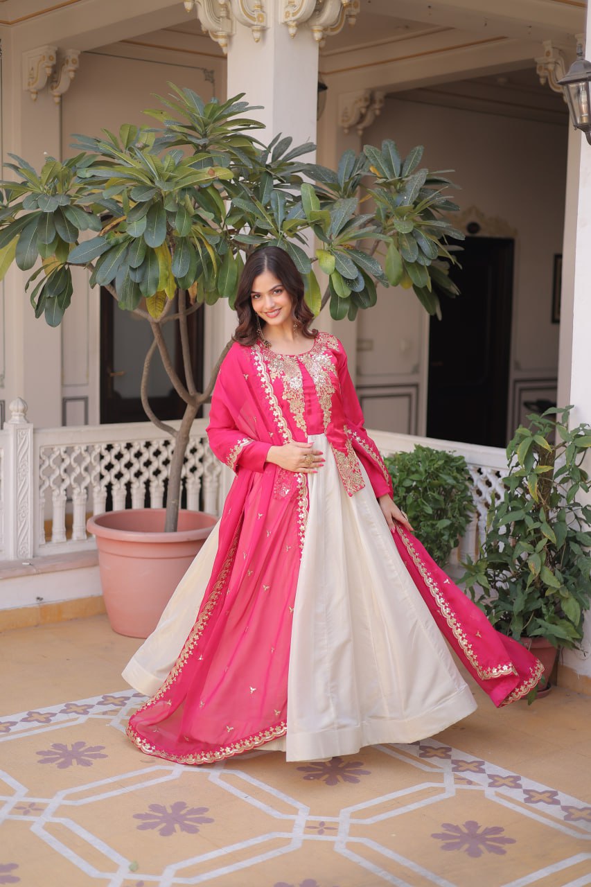 Premium Glass Roman & Cosmos Gown with Dupatta for Women – Festive Dress