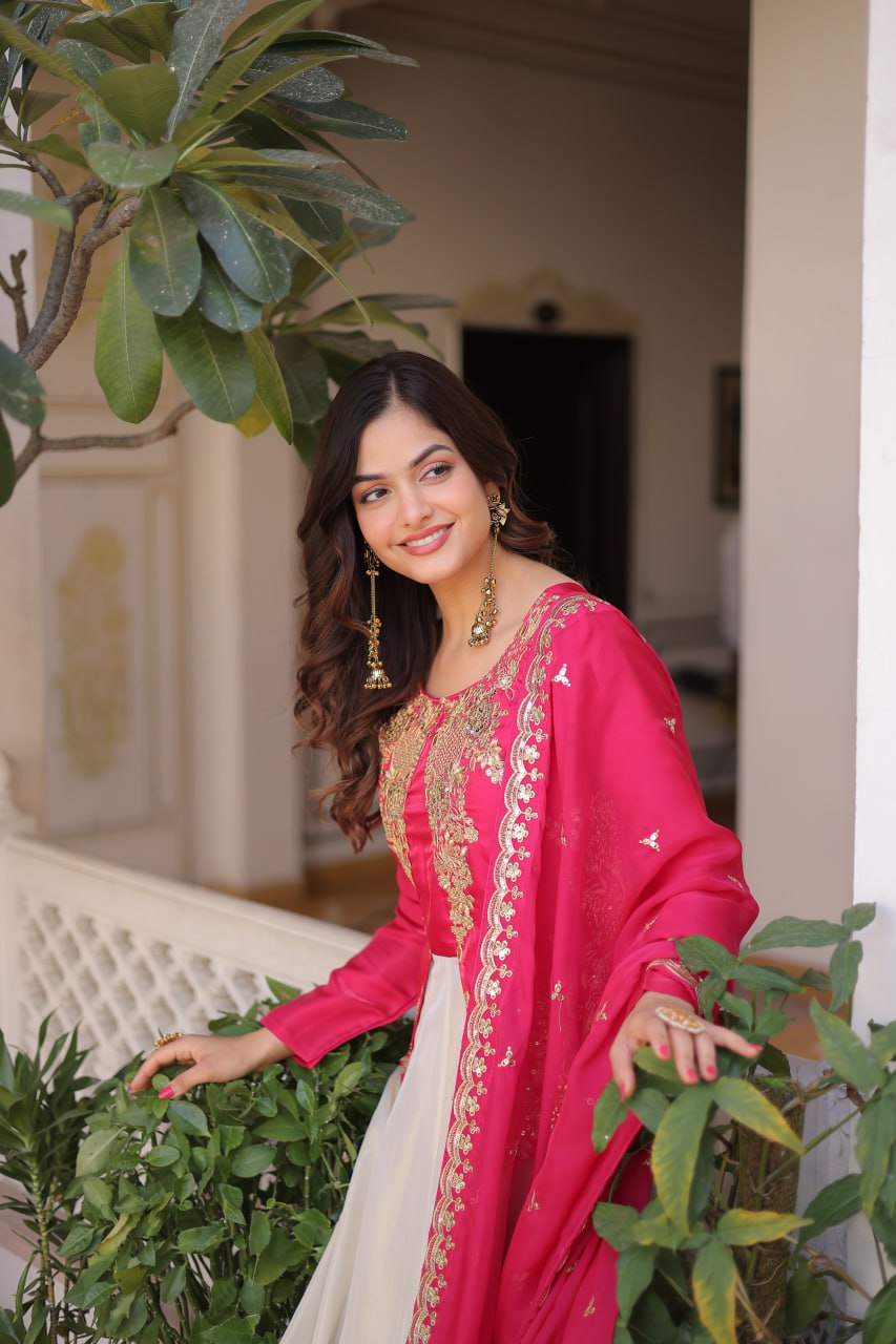 Premium Glass Roman & Cosmos Gown with Dupatta for Women – Festive Dress