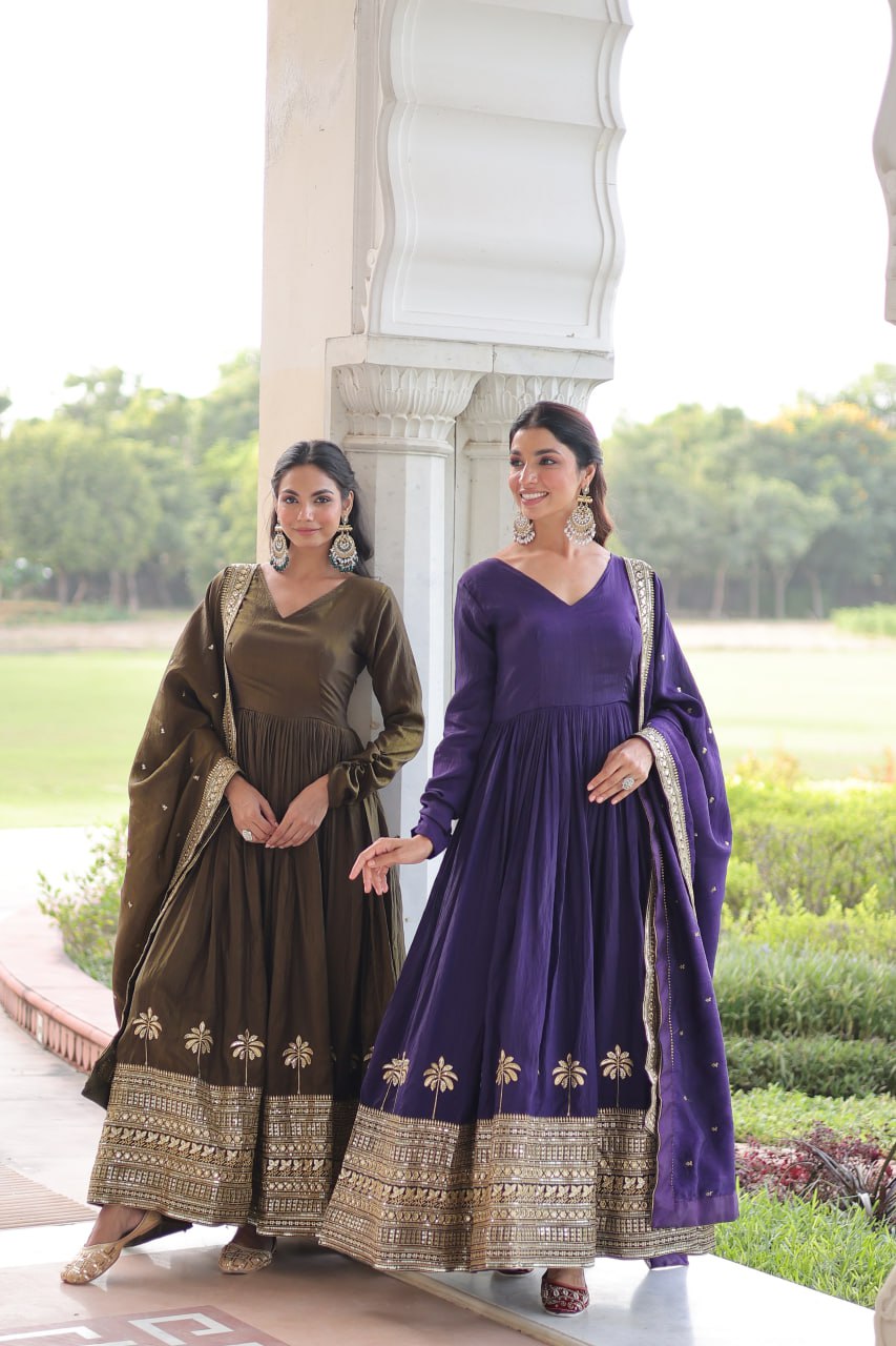 Premium Vichitra Silk Gown with Dupatta for Women – Festive Wear Dress