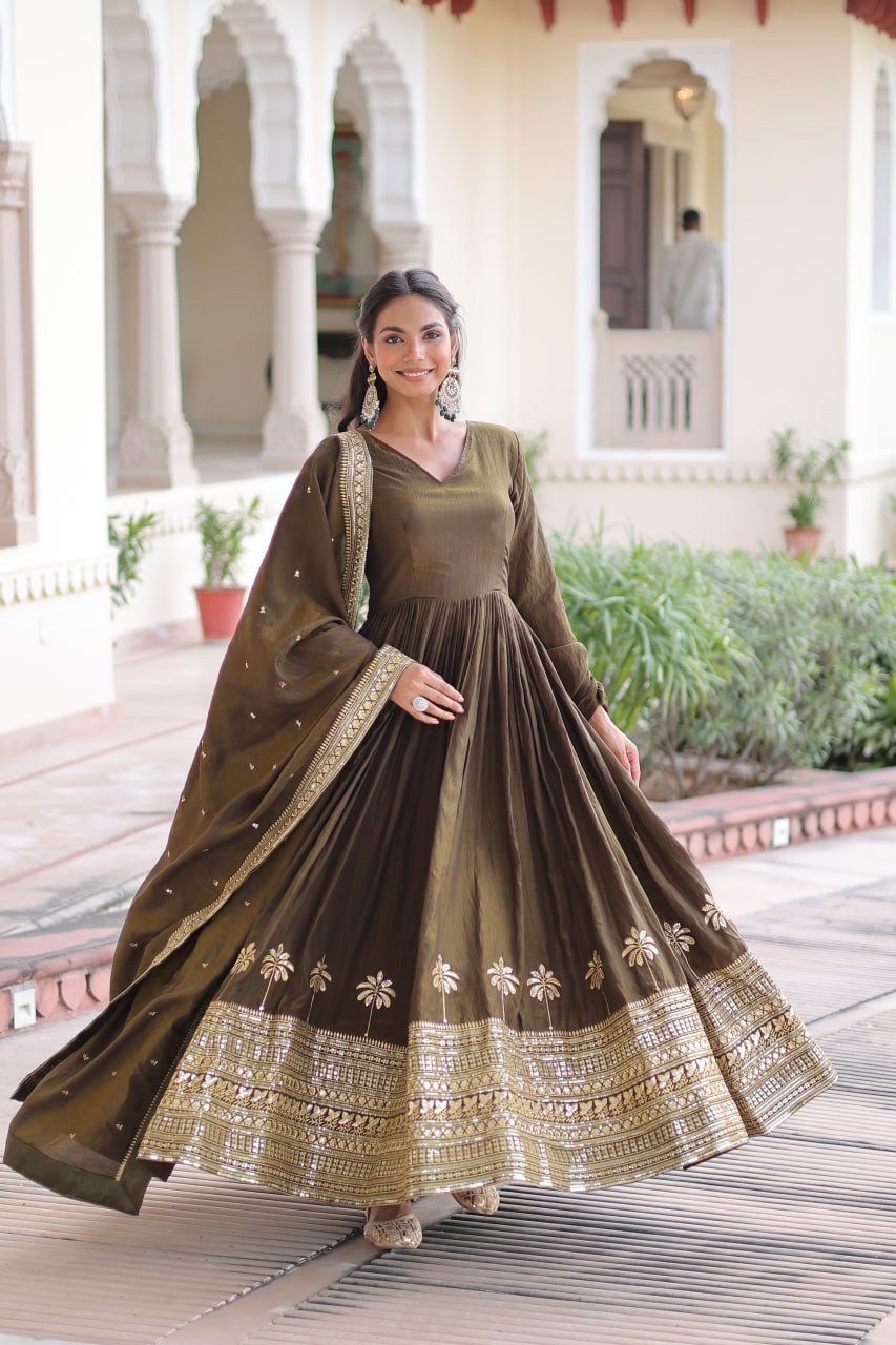 Premium Vichitra Silk Gown with Dupatta for Women – Festive Wear Dress