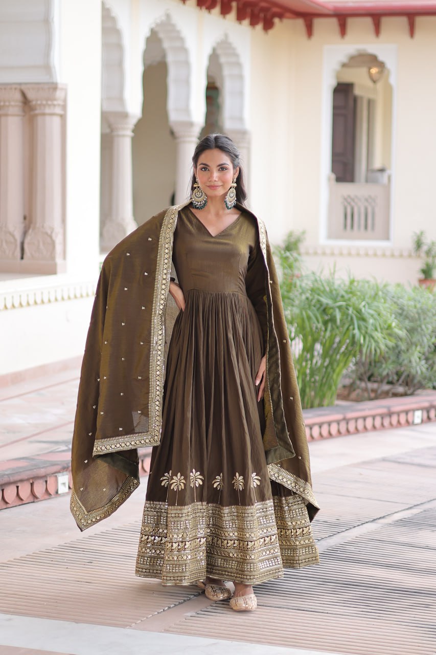 Premium Vichitra Silk Gown with Dupatta for Women – Festive Wear Dress