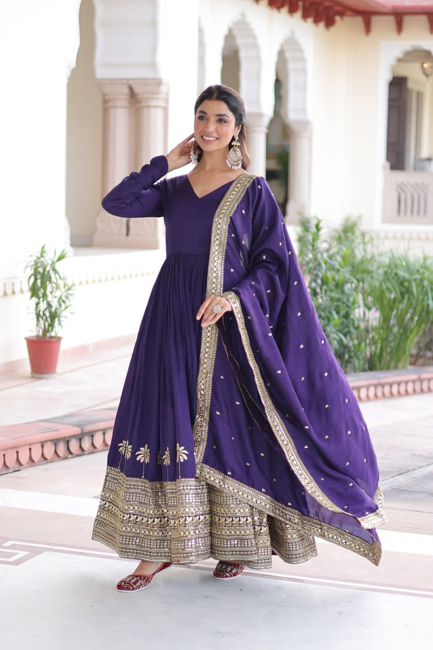 Premium Vichitra Silk Gown with Dupatta for Women – Festive Wear Dress