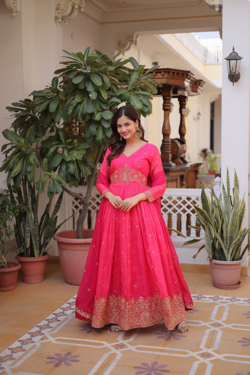 Premium Russian Silk Gown with Dupatta for Women – Party Wear Dress