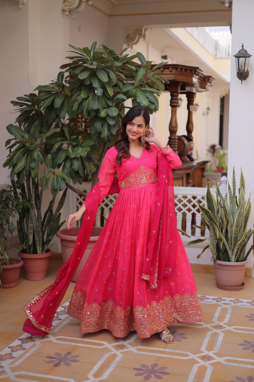 Premium Russian Silk Gown with Dupatta for Women – Party Wear Dress