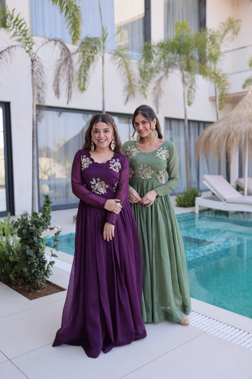 Premium Silver Crunchy Designer Gown for Women – Beads Embroidered Party Wear Ethnic Dress