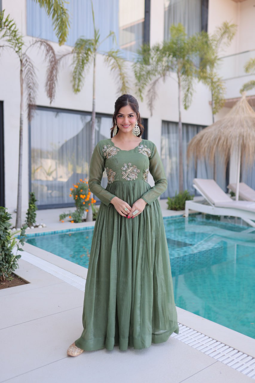 Premium Silver Crunchy Designer Gown for Women – Beads Embroidered Party Wear Ethnic Dress