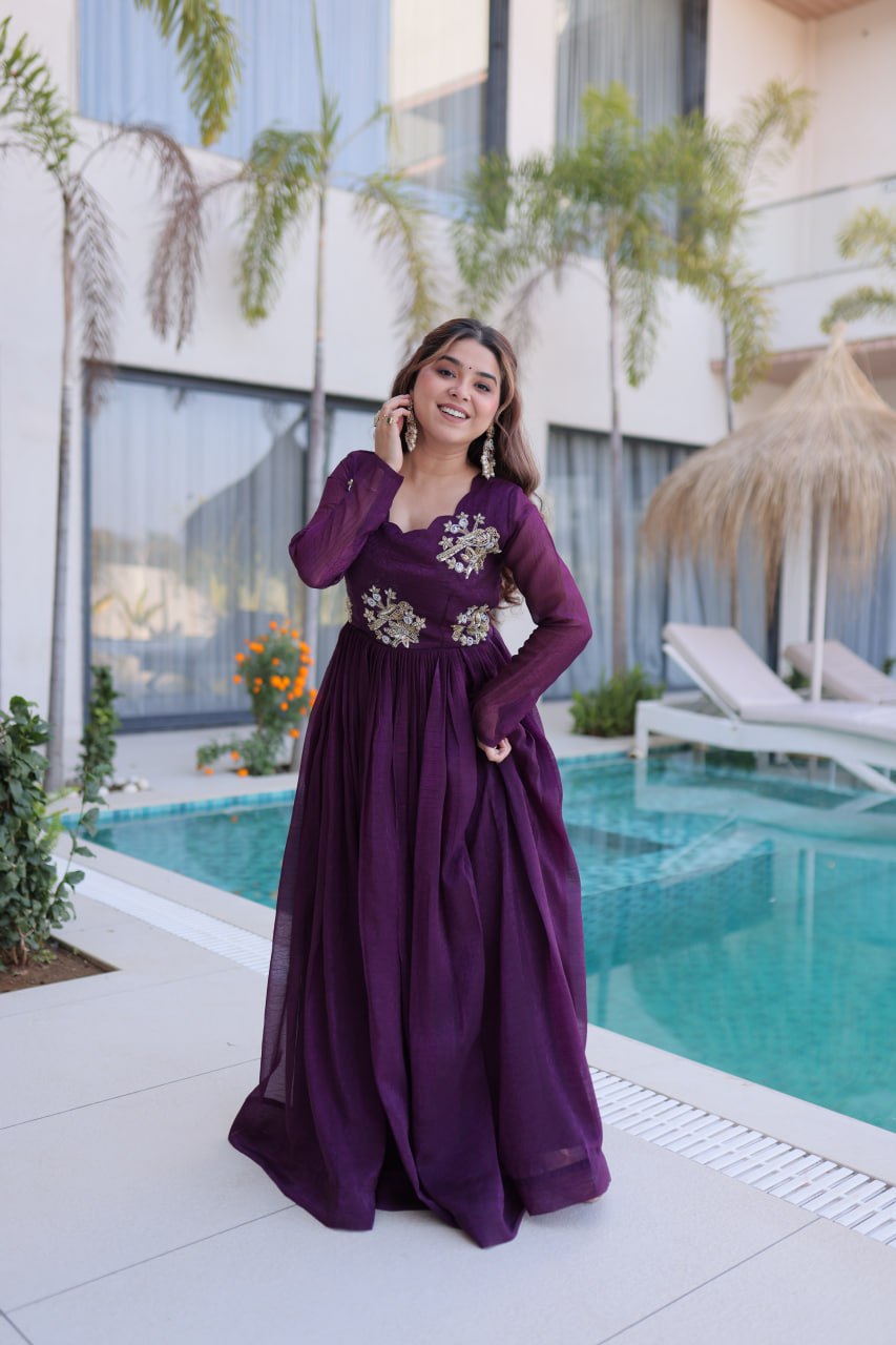 Premium Silver Crunchy Designer Gown for Women – Beads Embroidered Party Wear Ethnic Dress