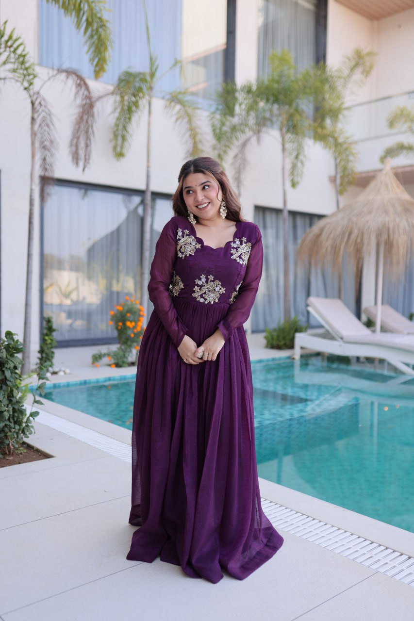 Premium Silver Crunchy Designer Gown for Women – Beads Embroidered Party Wear Ethnic Dress