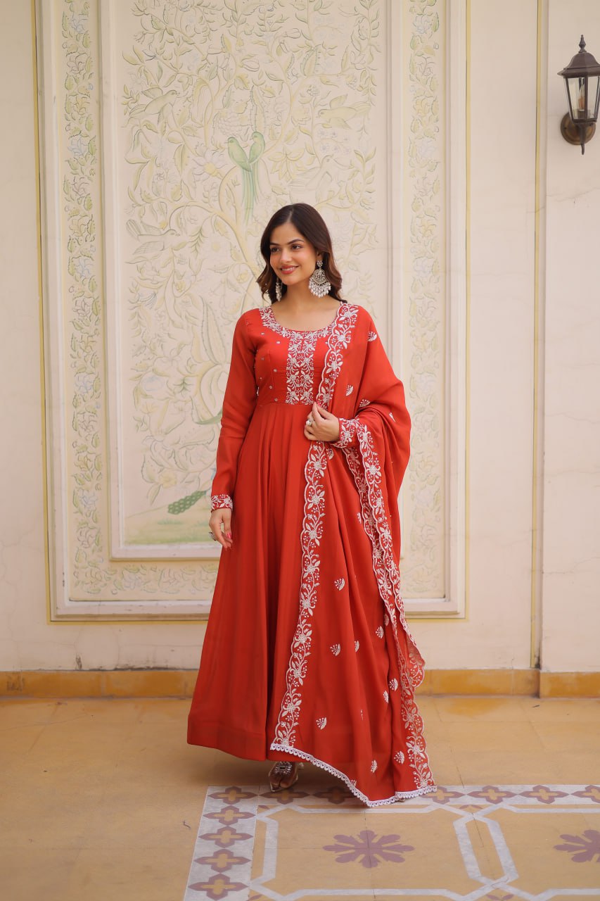 Premium Mal Chanderi Gown with Dupatta for Women – Ethnic Festive Dress