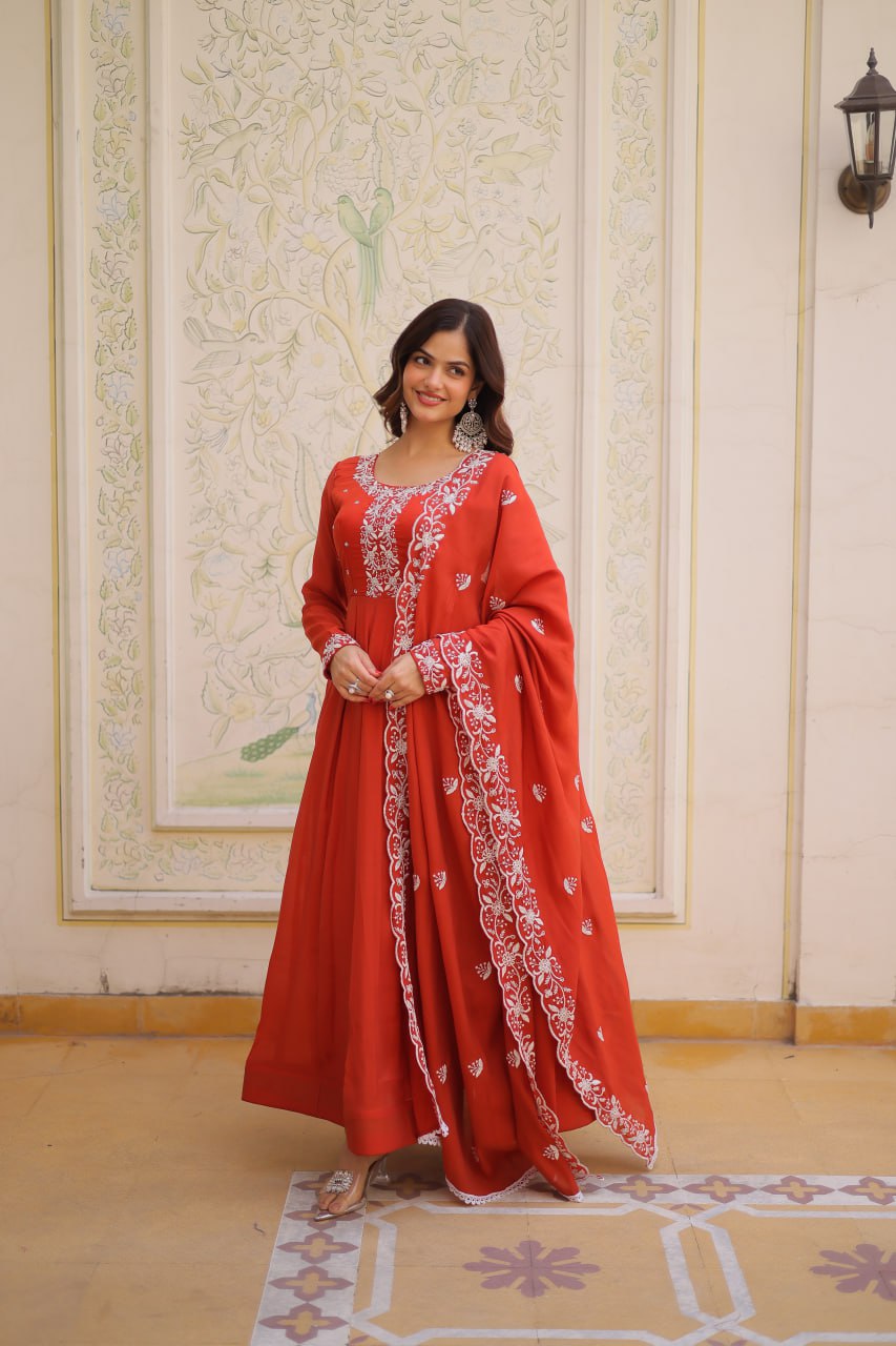 Premium Mal Chanderi Gown with Dupatta for Women – Ethnic Festive Dress