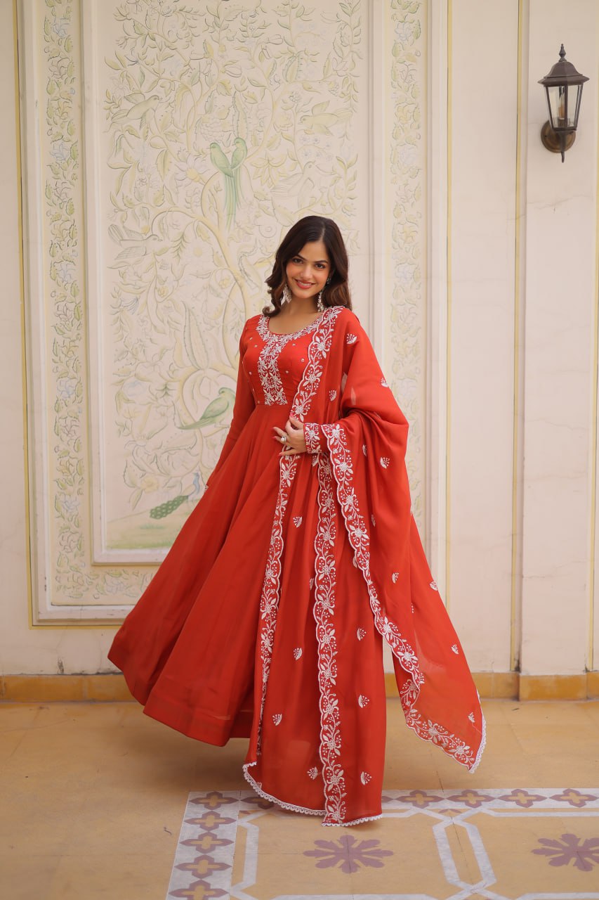 Premium Mal Chanderi Gown with Dupatta for Women – Ethnic Festive Dress