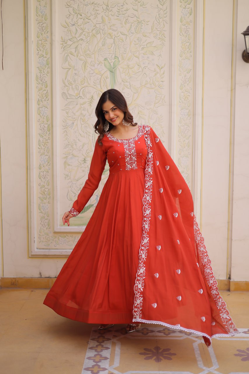 Premium Mal Chanderi Gown with Dupatta for Women – Ethnic Festive Dress