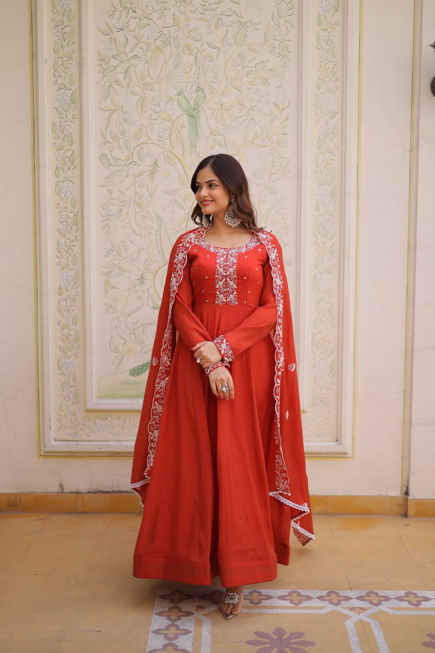 Premium Mal Chanderi Gown with Dupatta for Women – Ethnic Festive Dress