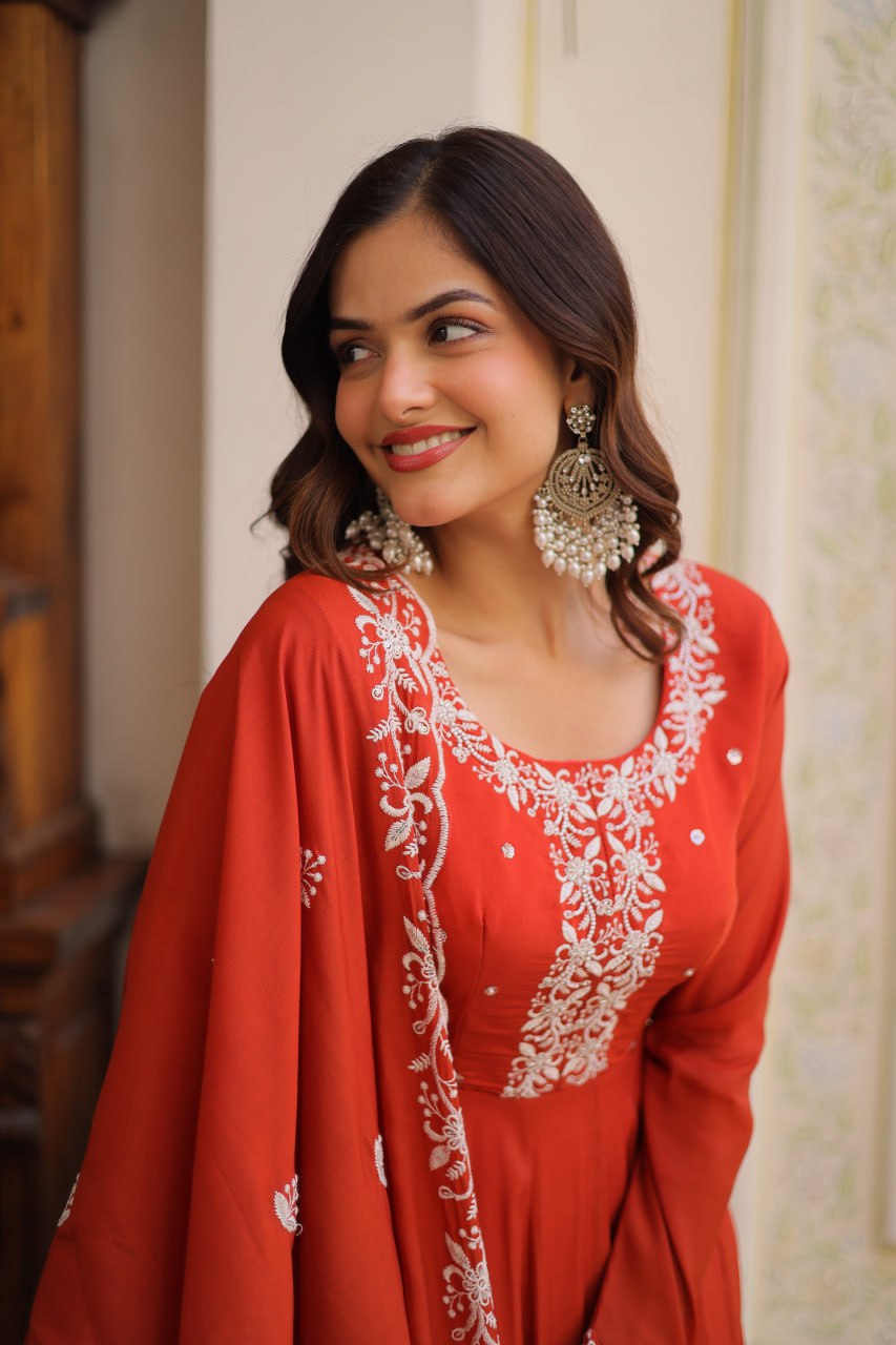 Premium Mal Chanderi Gown with Dupatta for Women – Ethnic Festive Dress