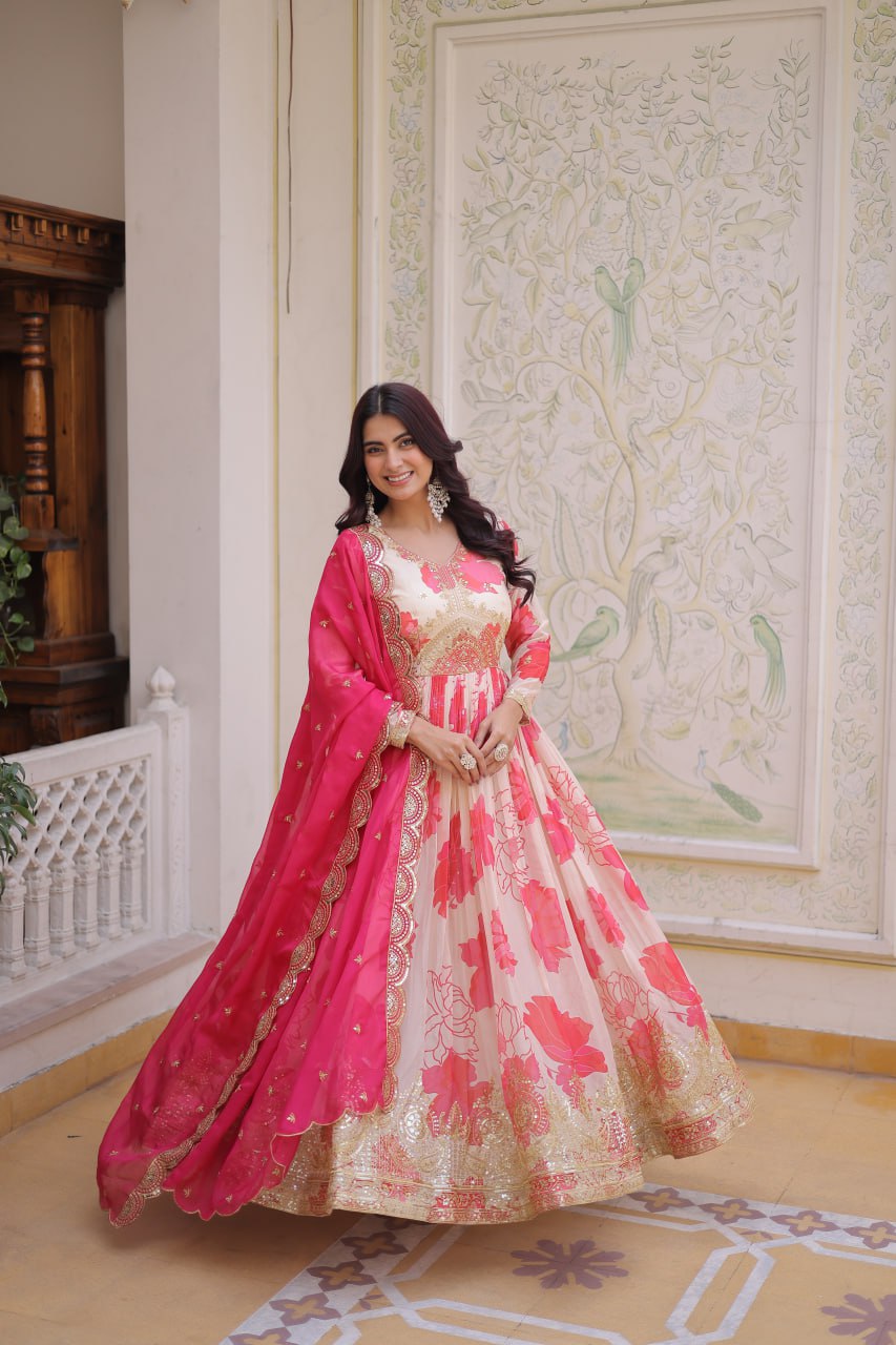 Premium Digital Printed Russian Silk Gown with Dupatta for Women – Party Wear Dress