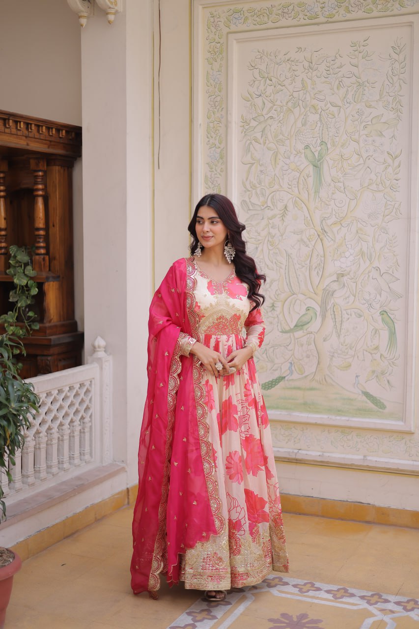 Premium Digital Printed Russian Silk Gown with Dupatta for Women – Party Wear Dress