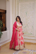 Premium Digital Printed Russian Silk Gown with Dupatta for Women – Party Wear Dress