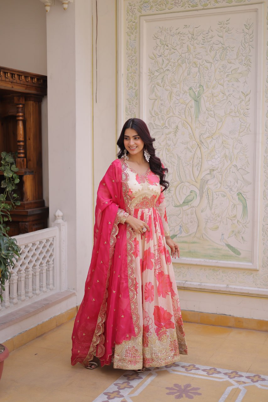 Premium Digital Printed Russian Silk Gown with Dupatta for Women – Party Wear Dress