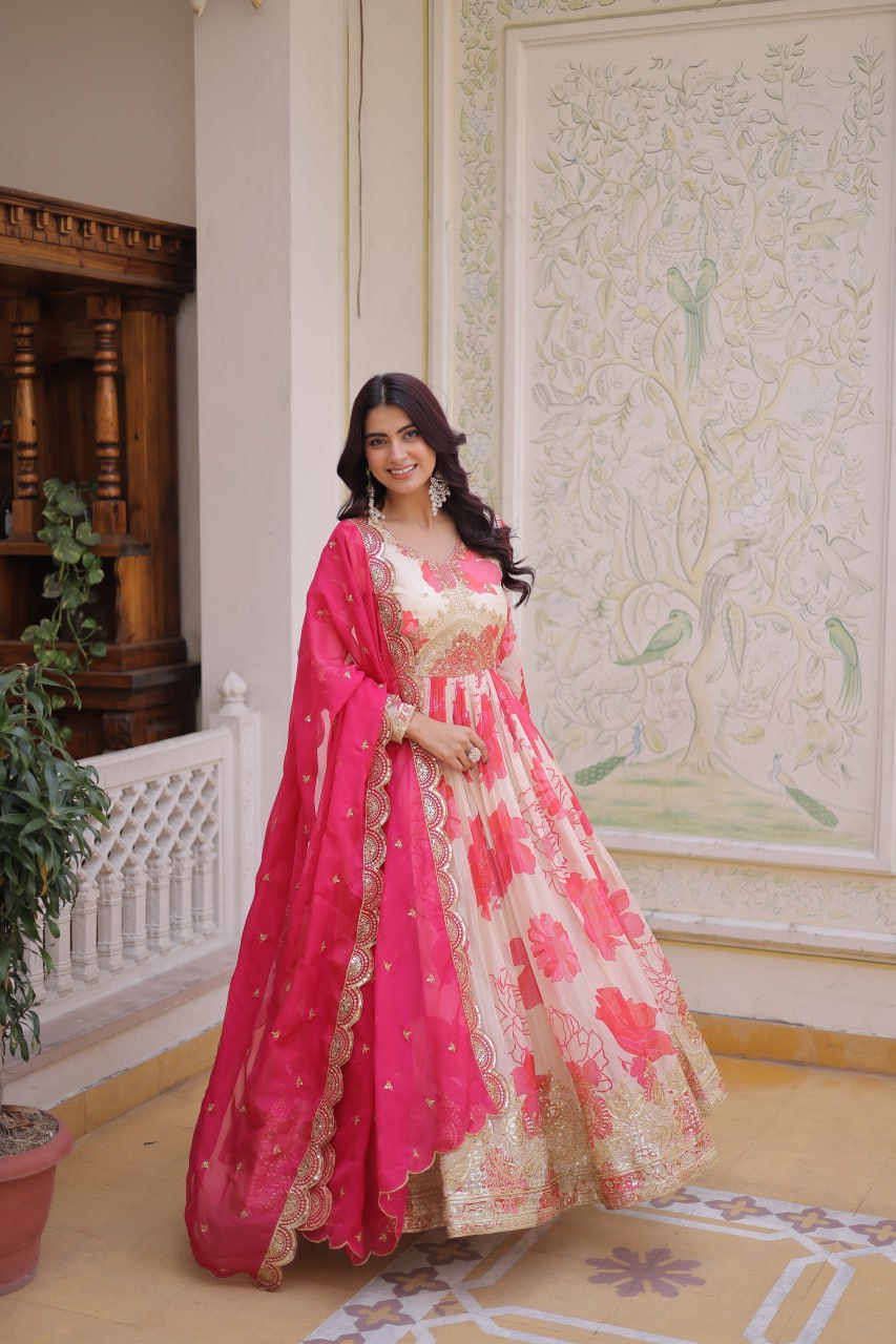 Premium Digital Printed Russian Silk Gown with Dupatta for Women – Party Wear Dress