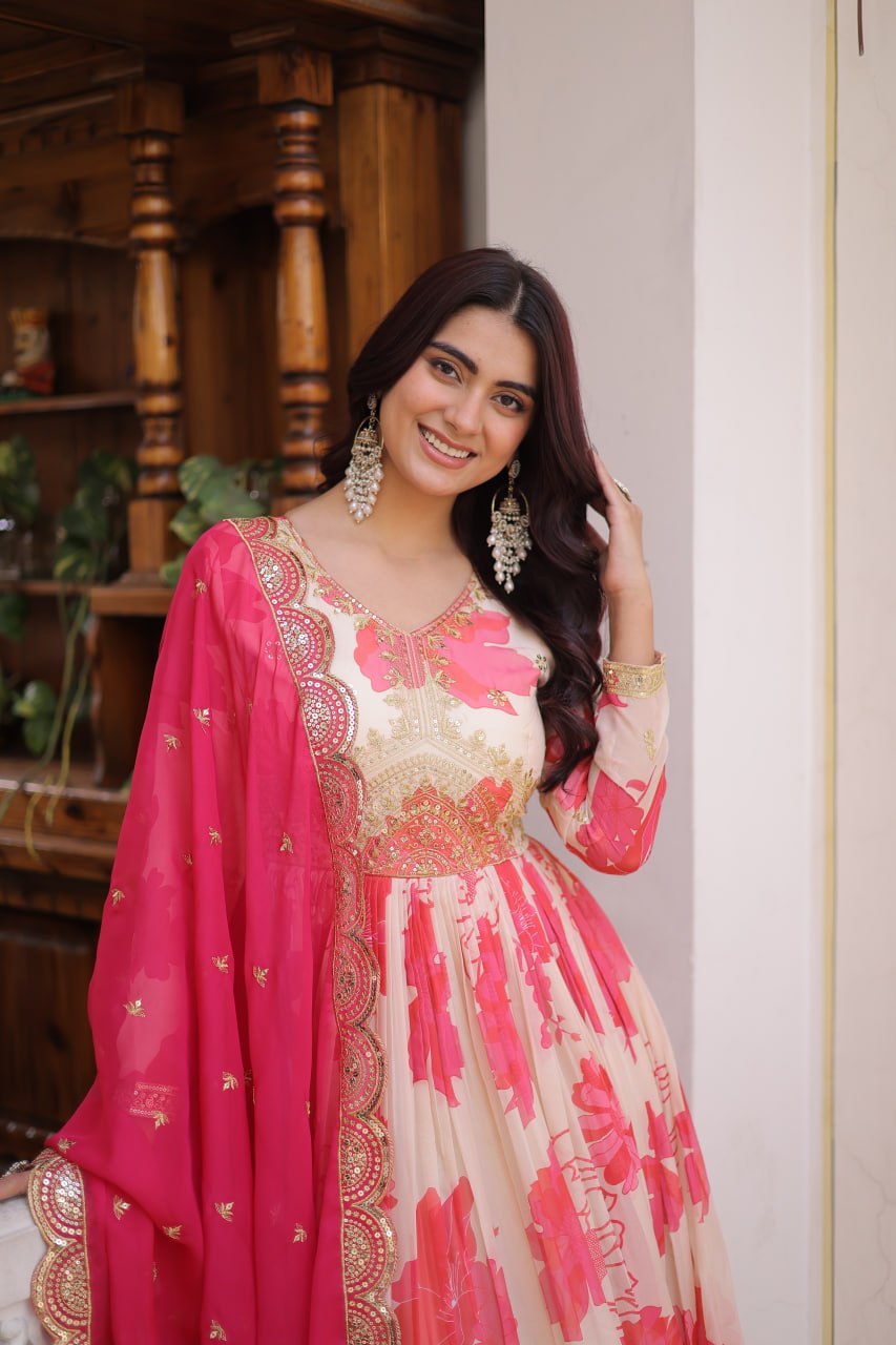 Premium Digital Printed Russian Silk Gown with Dupatta for Women – Party Wear Dress