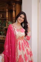 Premium Digital Printed Russian Silk Gown with Dupatta for Women – Party Wear Dress