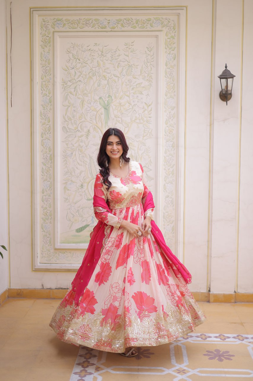 Premium Digital Printed Russian Silk Gown with Dupatta for Women – Party Wear Dress