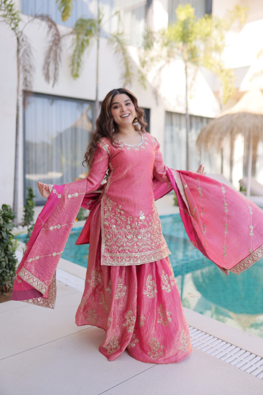 Designer Fendi Crush Top Sharara Dupatta Set for Women – Embroidered Ethnic Party Wear