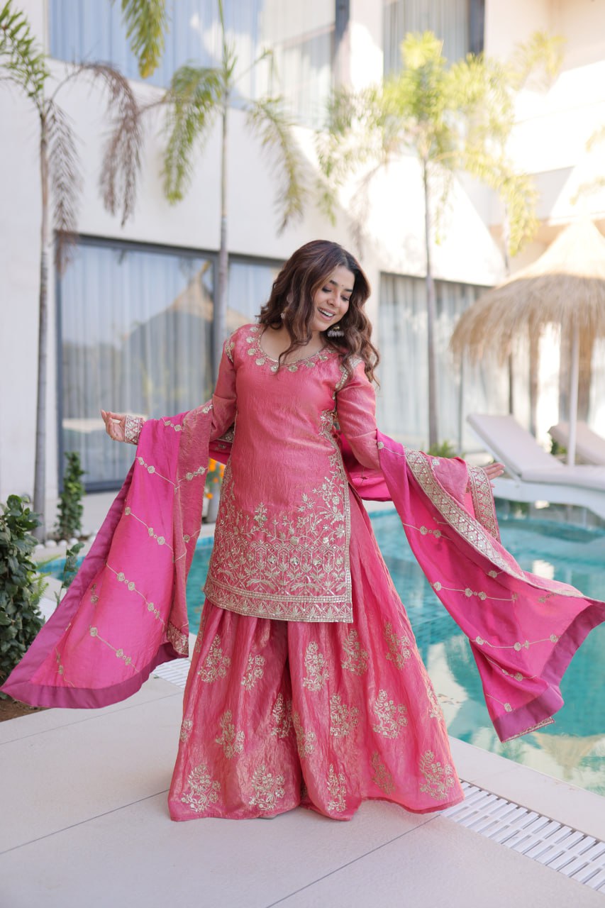Designer Fendi Crush Top Sharara Dupatta Set for Women – Embroidered Ethnic Party Wear