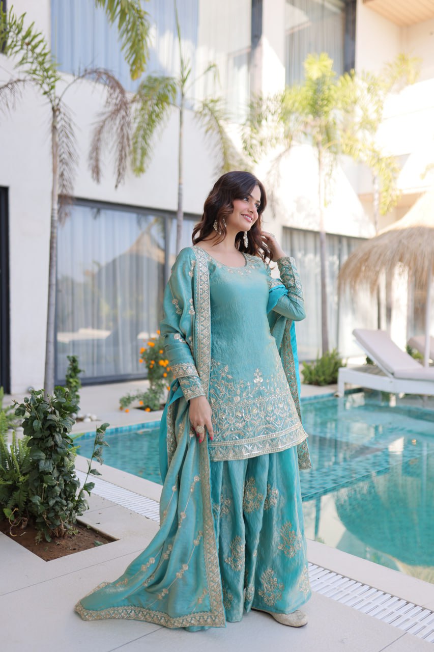 Designer Fendi Crush Top Sharara Dupatta Set for Women – Embroidered Ethnic Party Wear