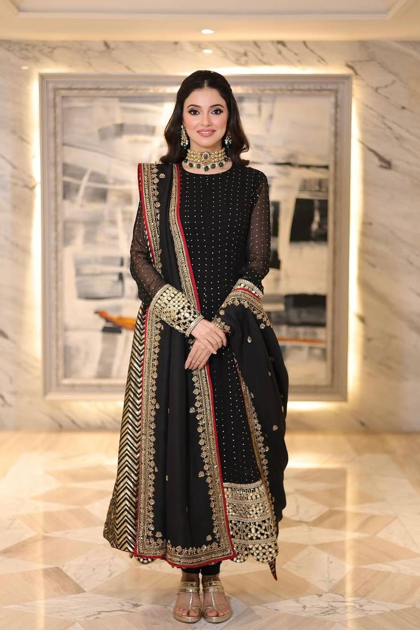 Black Celebrity Style Embroidered Anarkali Set