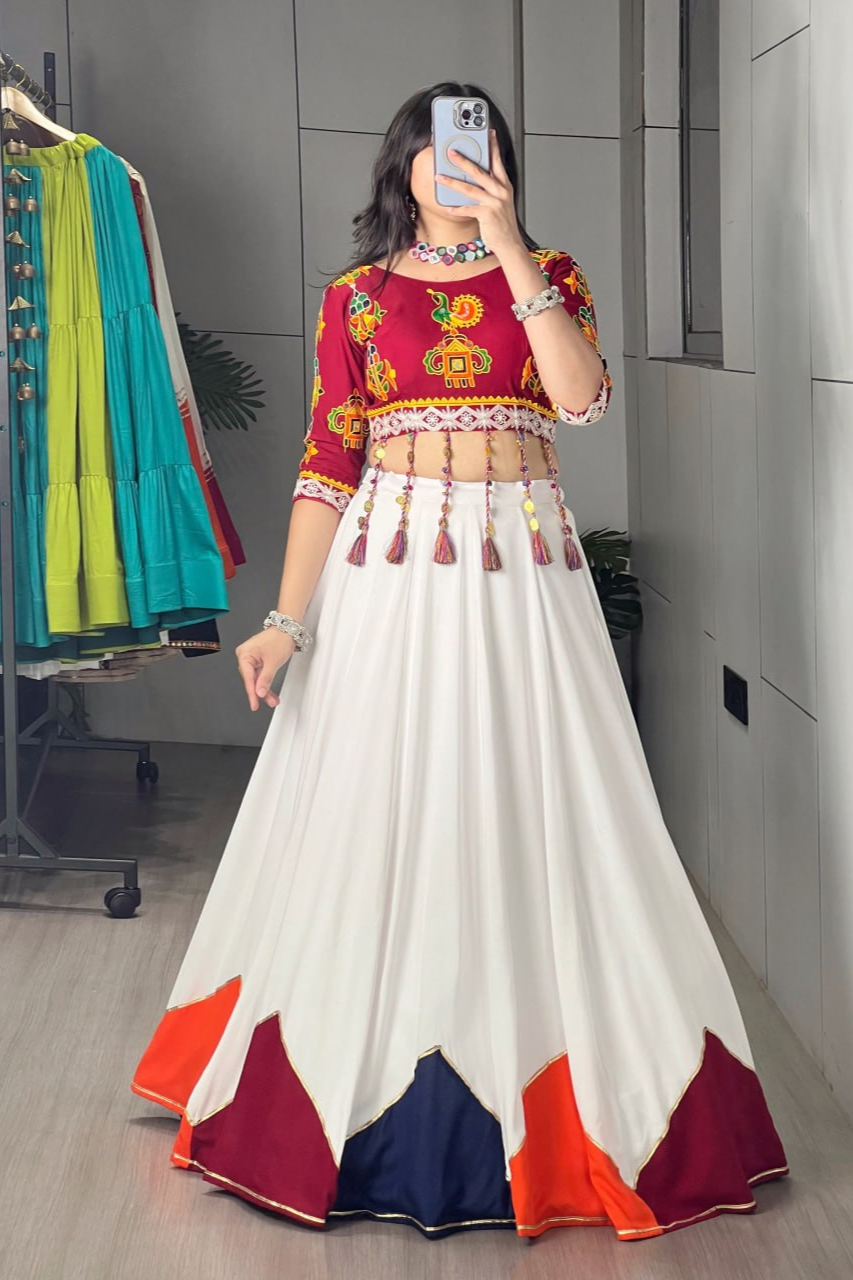 Navratri Garba And Dandiya Rayon Cotton Lehenga Choli Set – White & Maroon