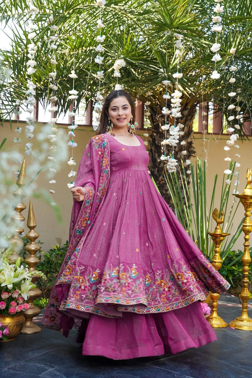 Premium Embroidered Anarkali Suit Set with Plazo And Dupatta