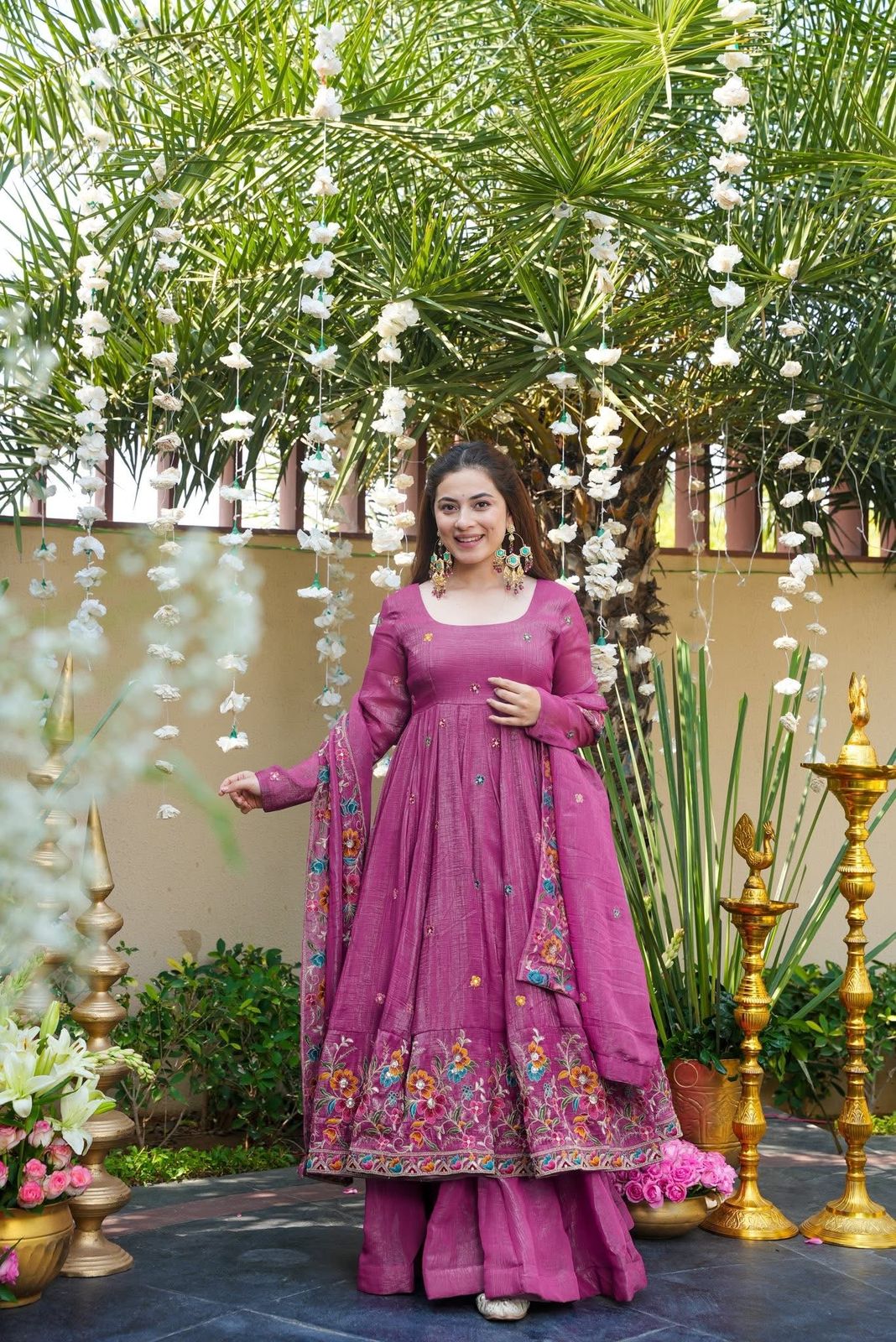 Premium Embroidered Anarkali Suit Set with Plazo And Dupatta