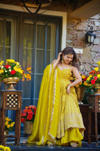 Premium Yellow Embroidered Anarkali Suit Set with Plazo & Dupatta