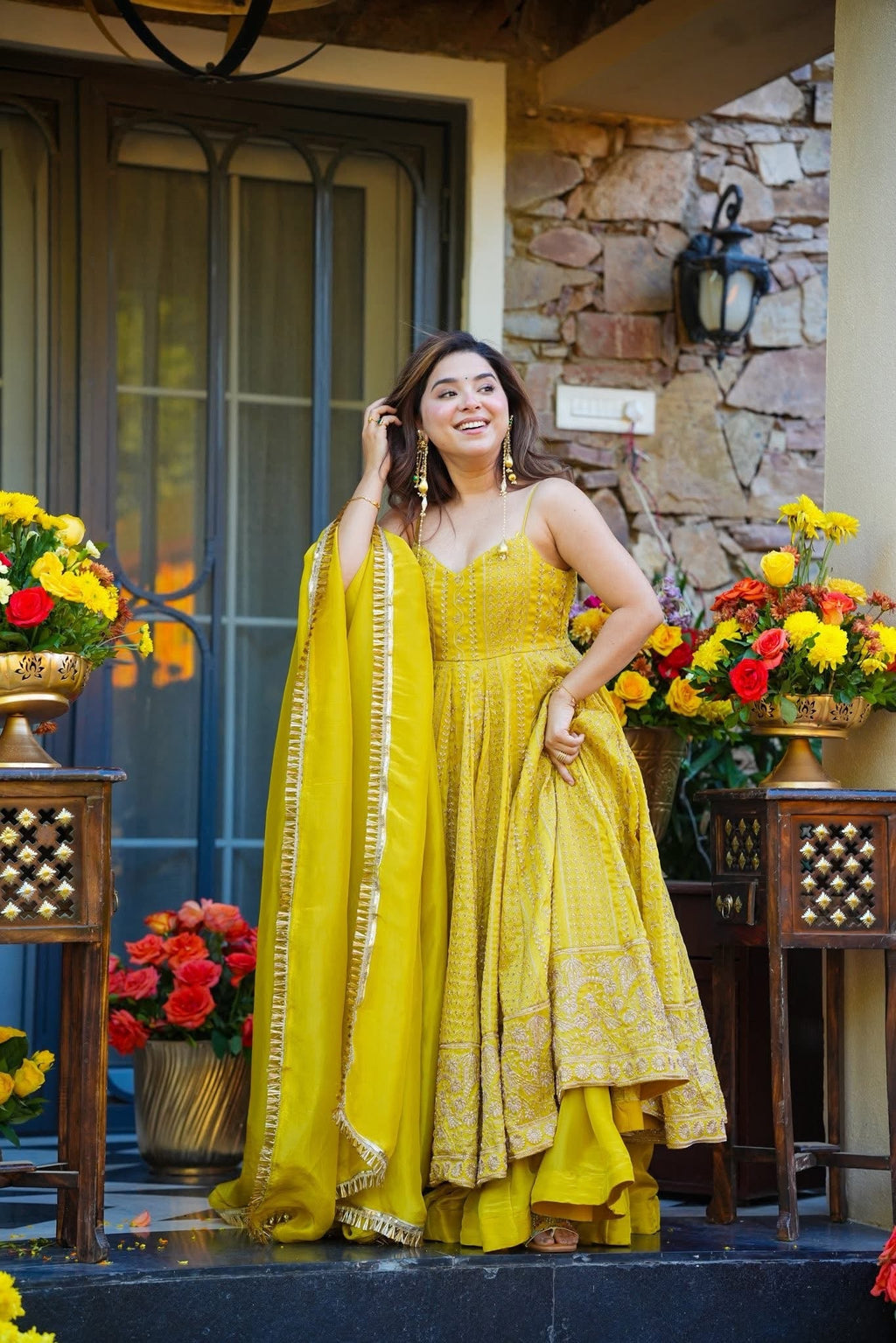 Premium Yellow Embroidered Anarkali Suit Set with Plazo & Dupatta