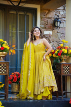 Premium Yellow Embroidered Anarkali Suit Set with Plazo & Dupatta