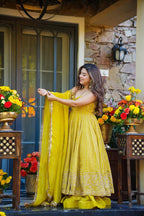 Premium Yellow Embroidered Anarkali Suit Set with Plazo & Dupatta