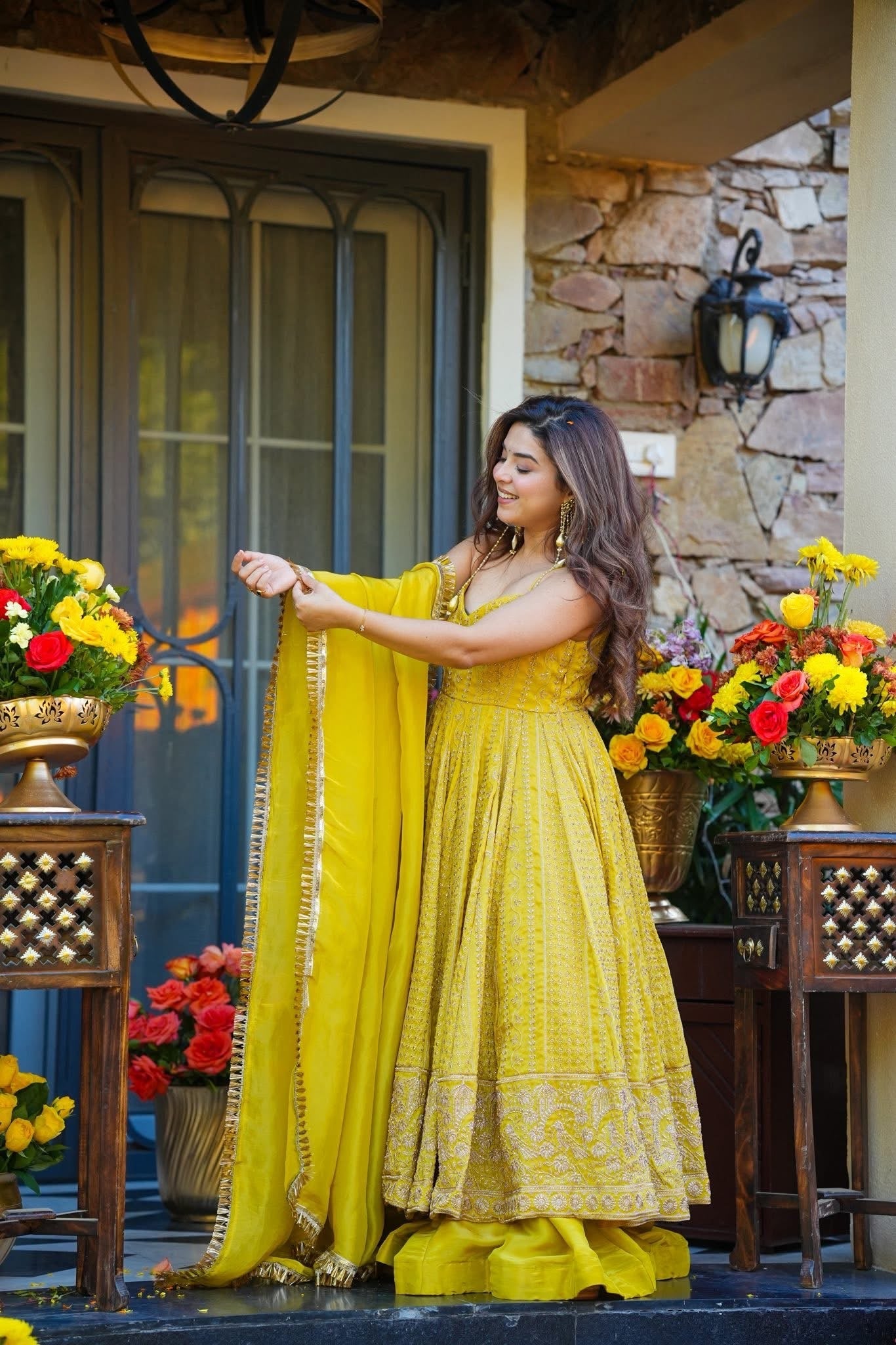 Premium Yellow Embroidered Anarkali Suit Set with Plazo & Dupatta
