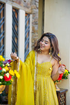Premium Yellow Embroidered Anarkali Suit Set with Plazo & Dupatta