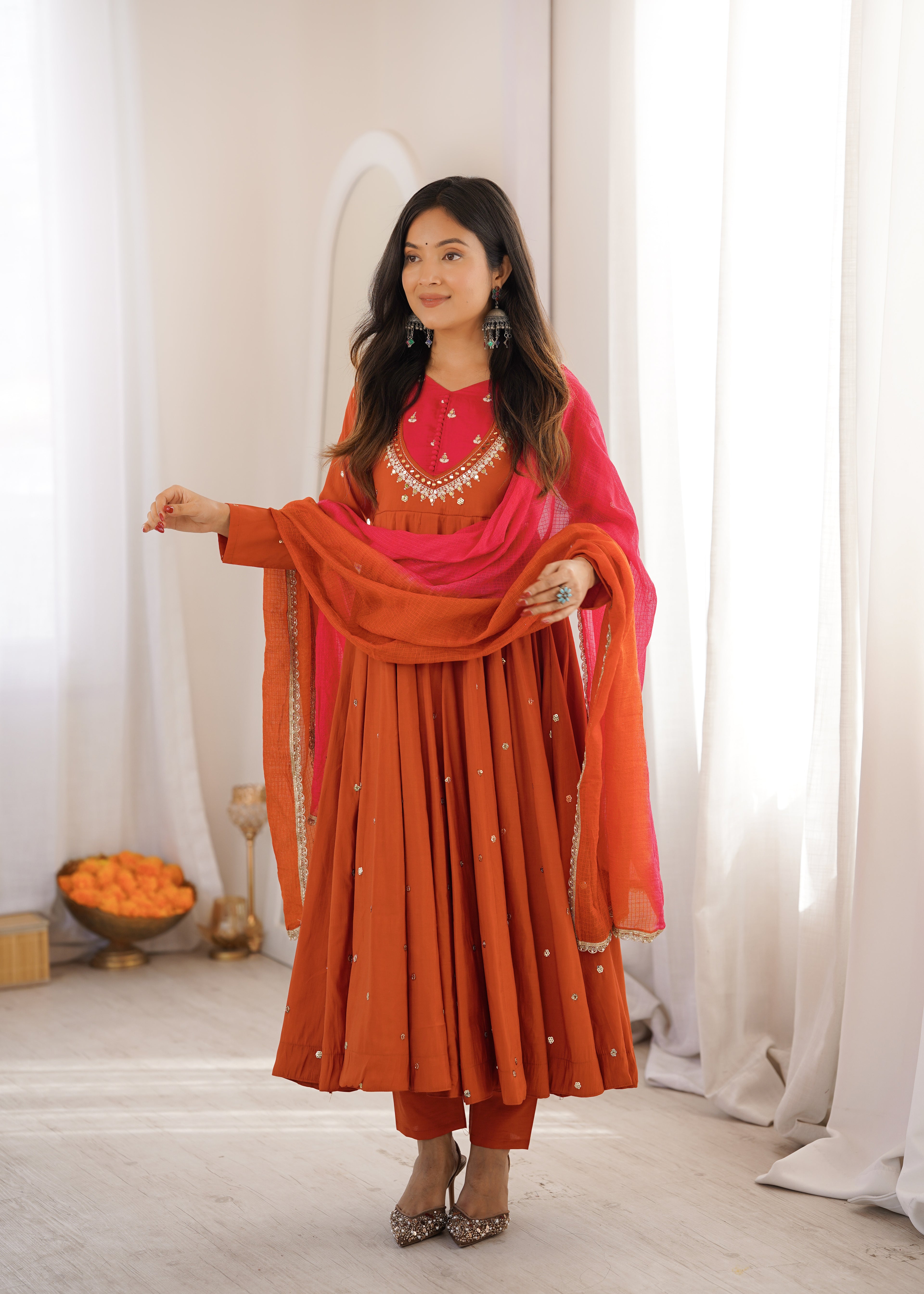 Elegant Roman Silk Anarkali Suit Set with Real Mirror Work