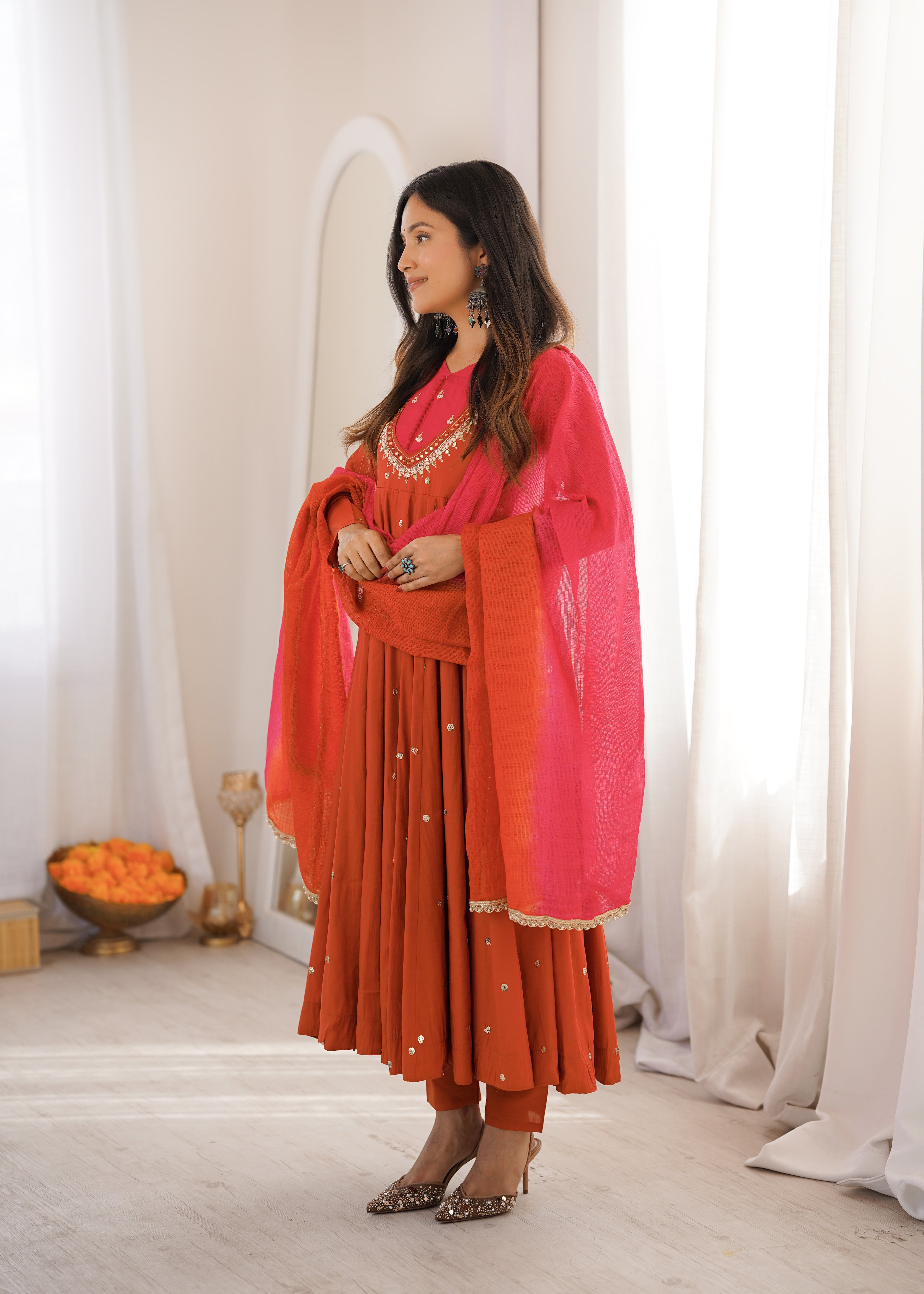 Elegant Roman Silk Anarkali Suit Set with Real Mirror Work