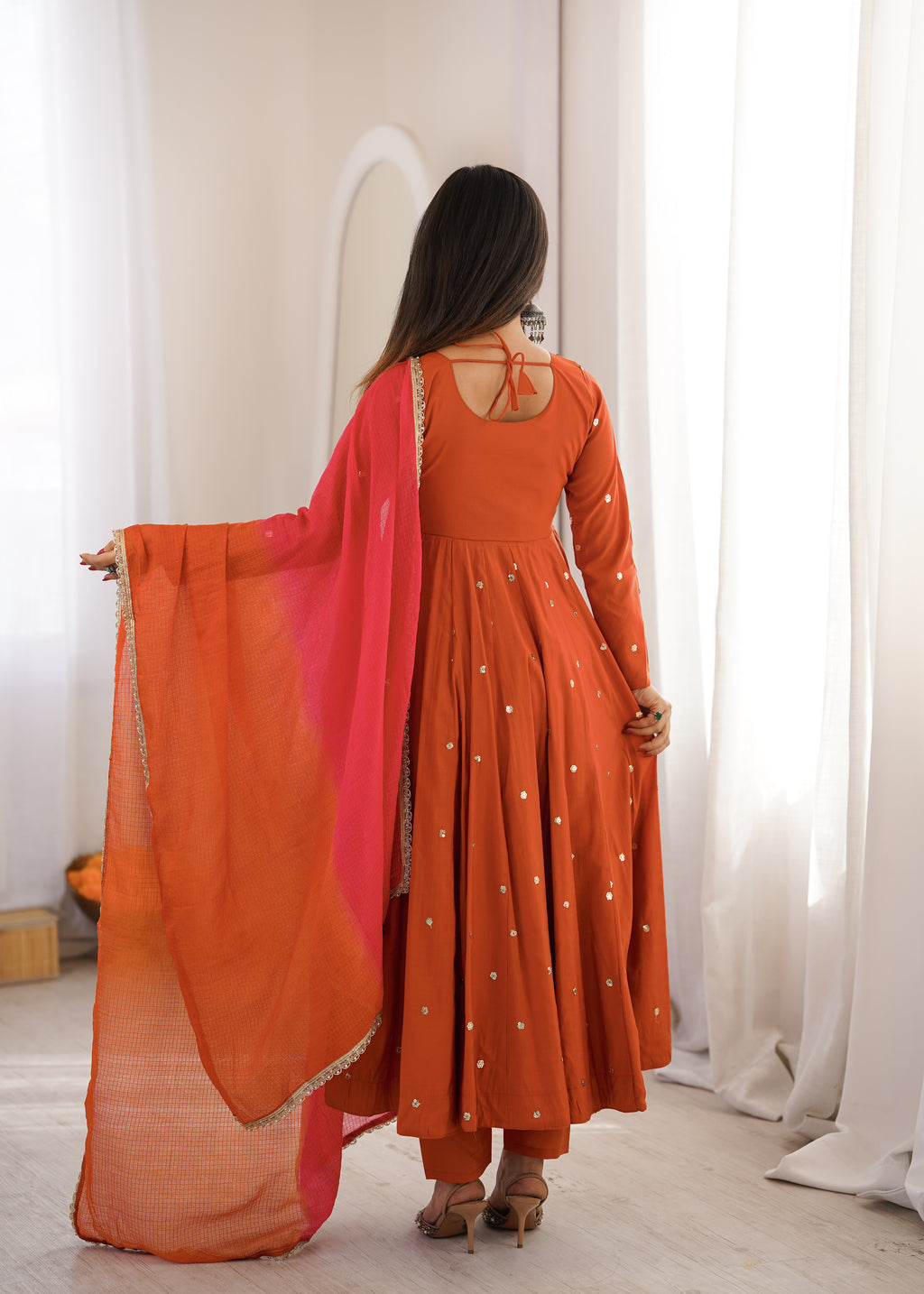 Elegant Roman Silk Anarkali Suit Set with Real Mirror Work