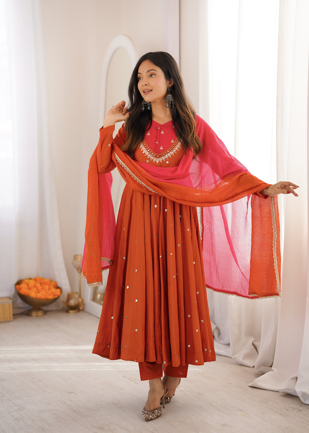 Elegant Roman Silk Anarkali Suit Set with Real Mirror Work