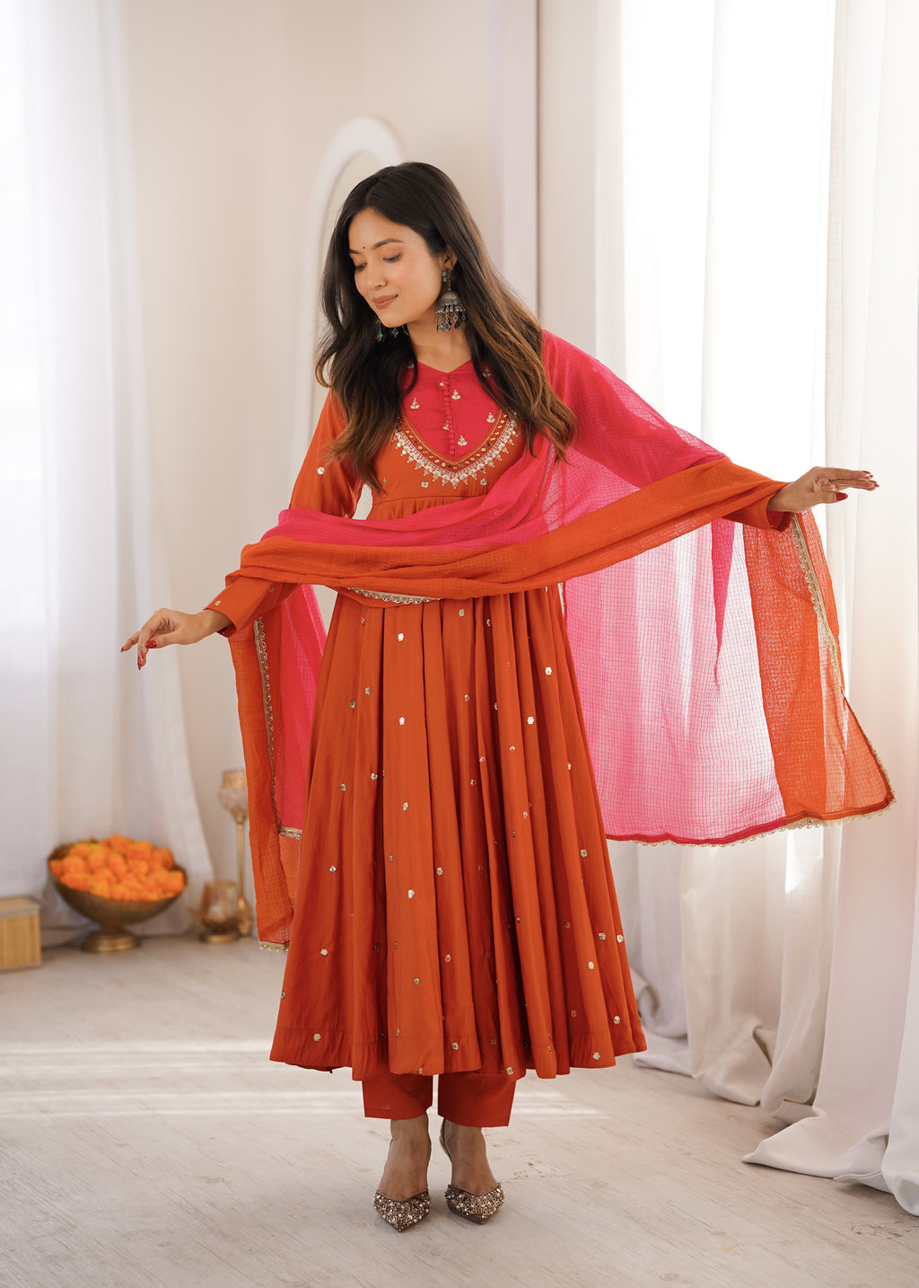 Elegant Roman Silk Anarkali Suit Set with Real Mirror Work