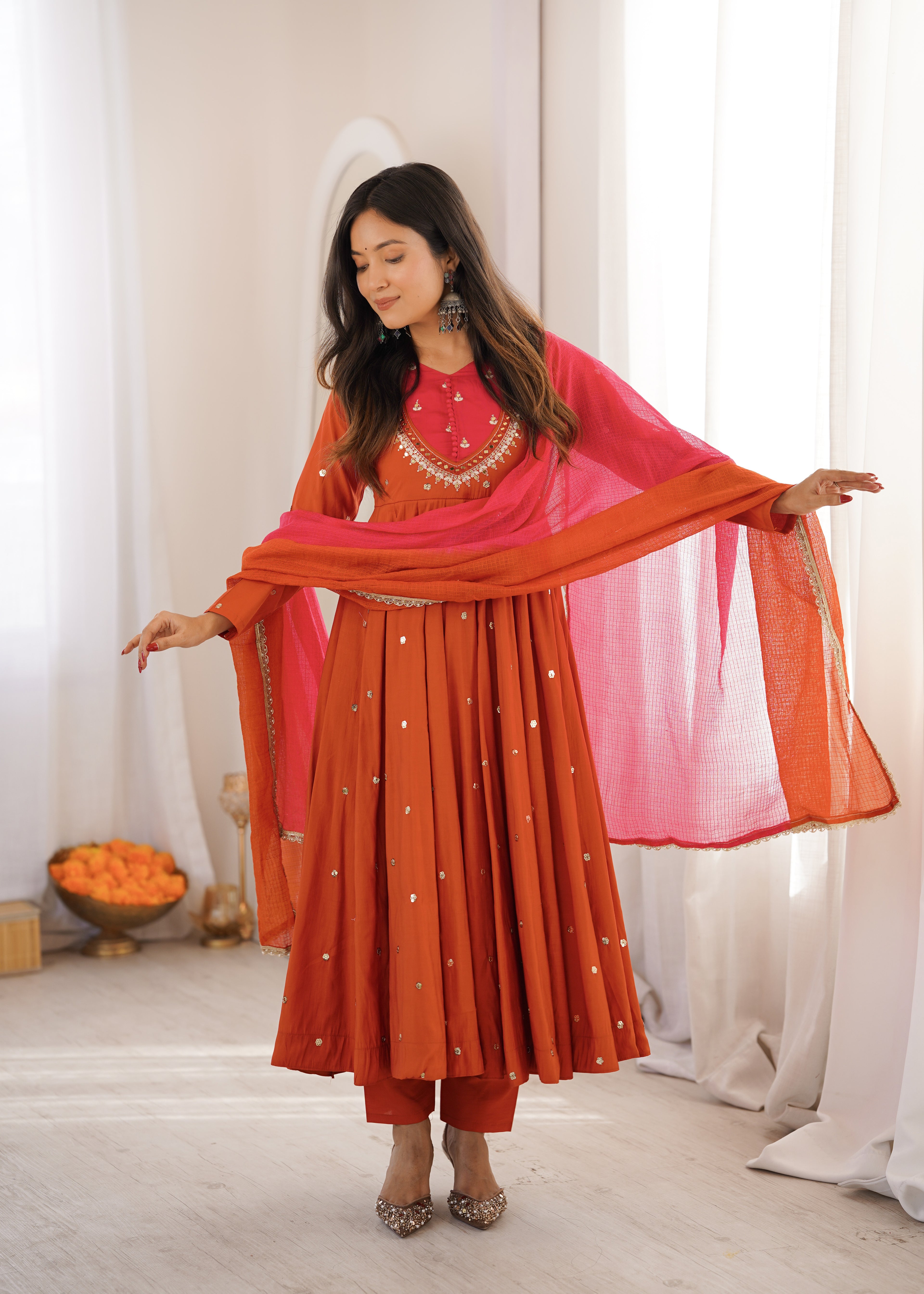 Elegant Roman Silk Anarkali Suit Set with Real Mirror Work