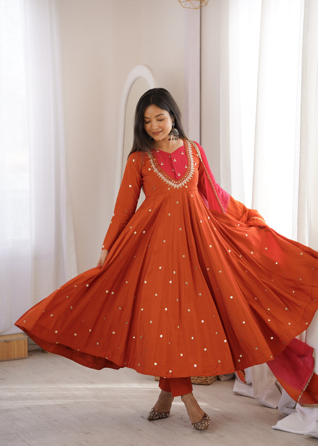 Elegant Roman Silk Anarkali Suit Set with Real Mirror Work