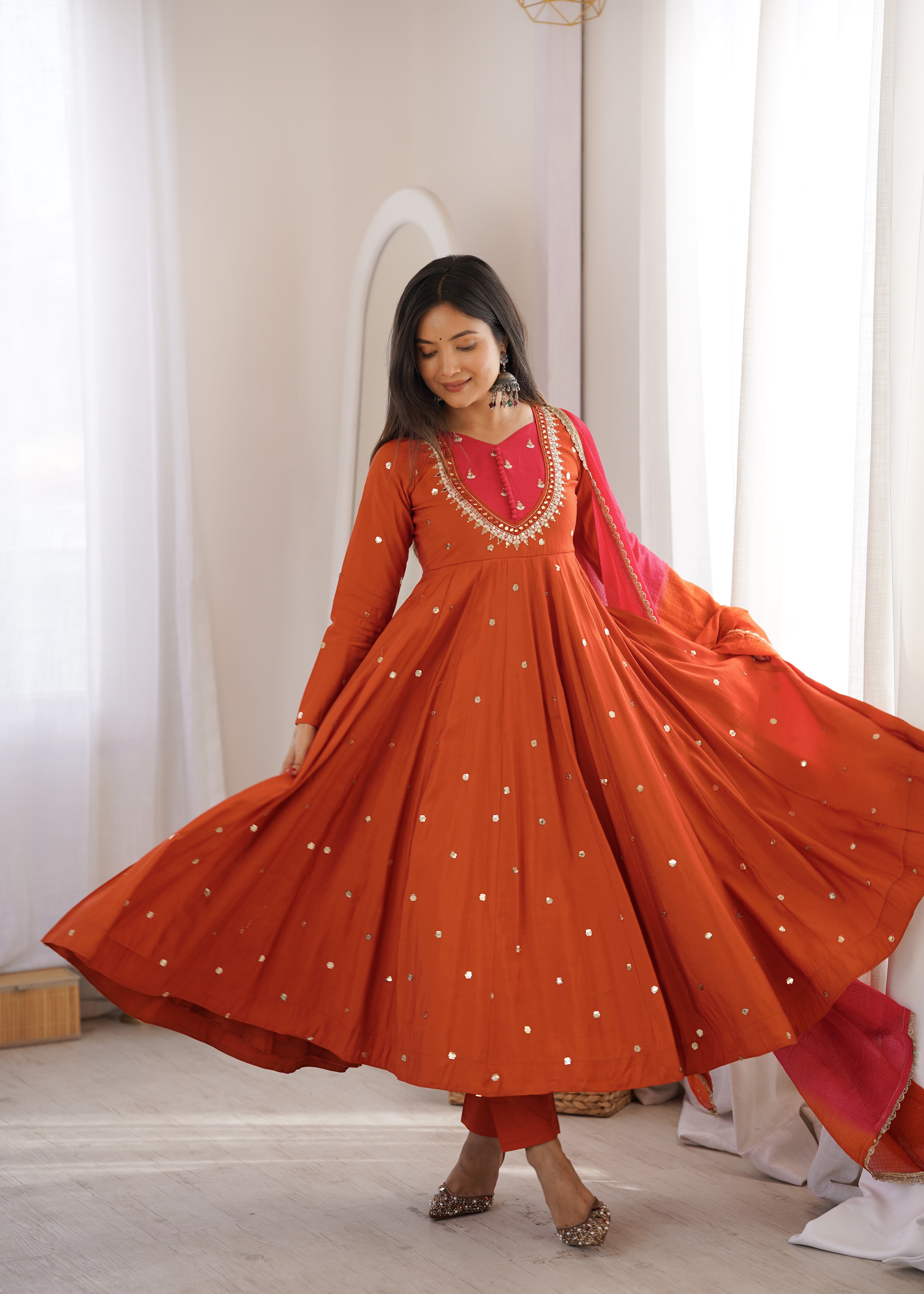 Elegant Roman Silk Anarkali Suit Set with Real Mirror Work