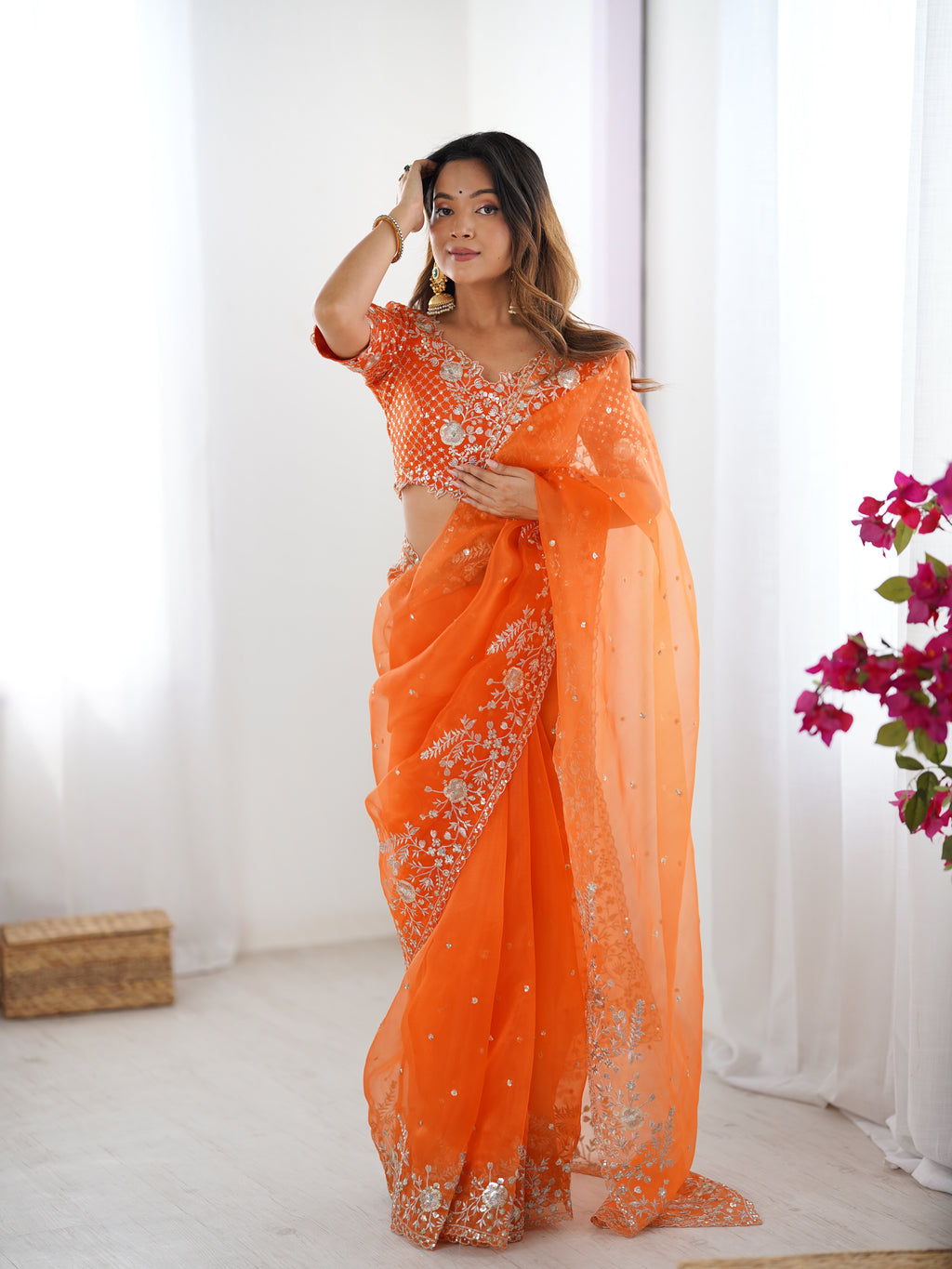 Premium Organza Silk Embroidered Saree With Designer Blouse